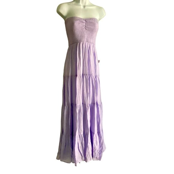 Hyfve Women's Strapless Maxi Dress Smocked Bodice Tiered Skirt Small Lavender - Picture 1 of 9